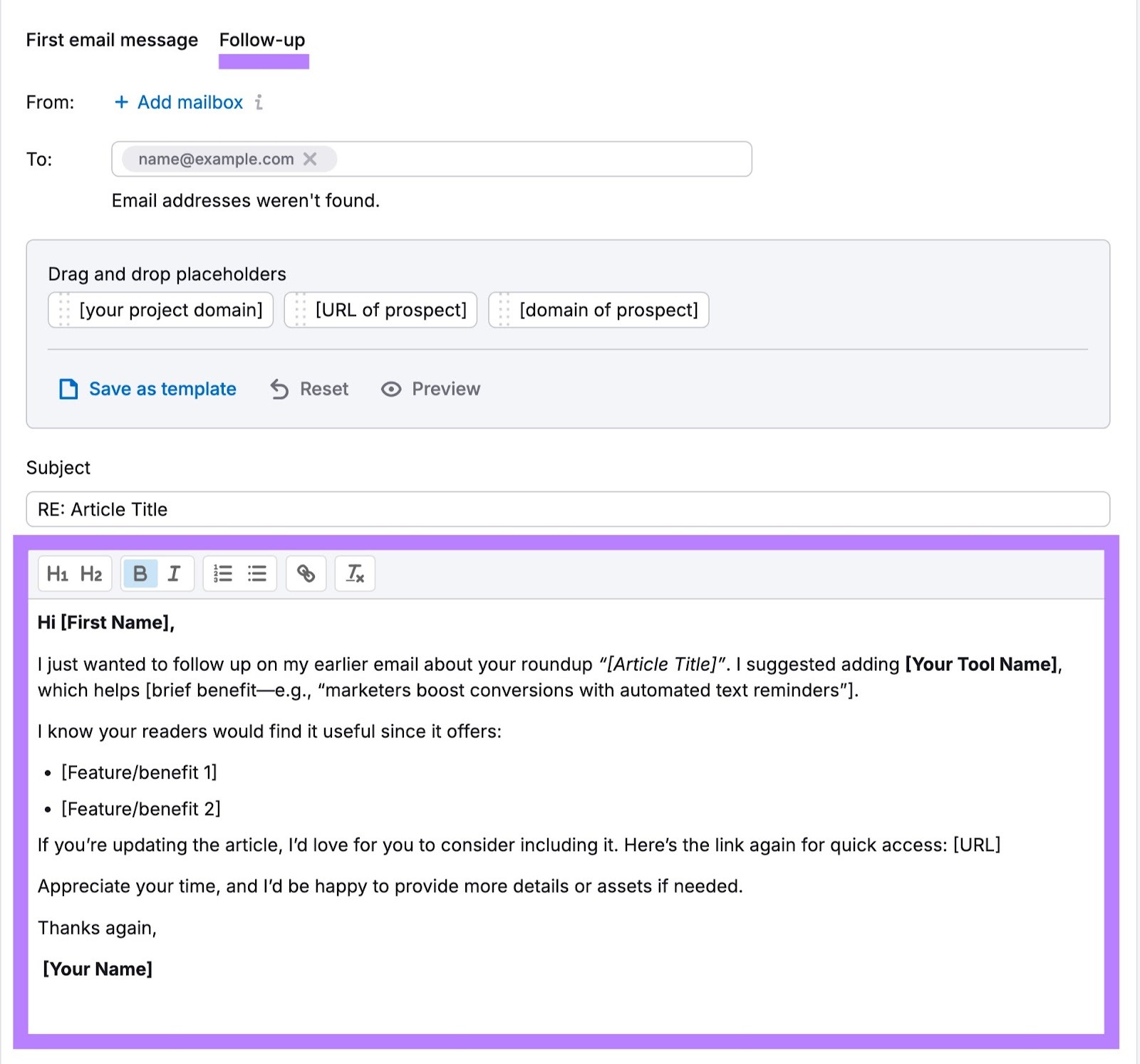 Creating an outreach email sequence on the Link Building tool with the "Follow-up" tab and the email body sections highlighted.