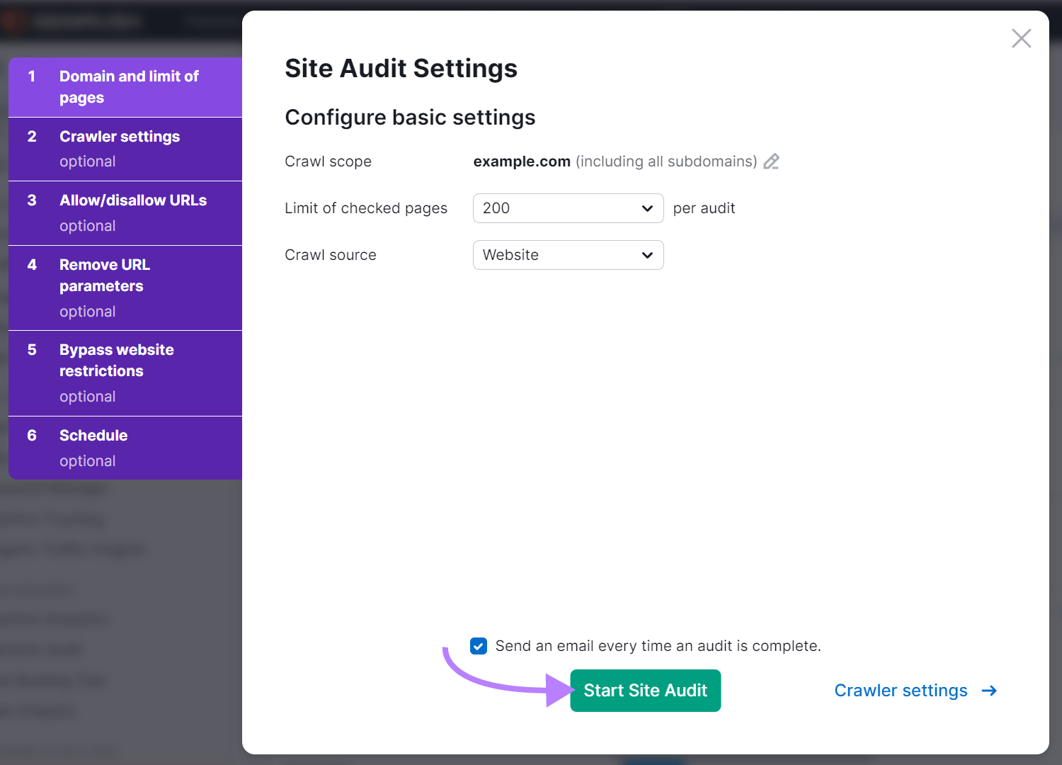 "Site Audit Settings" window