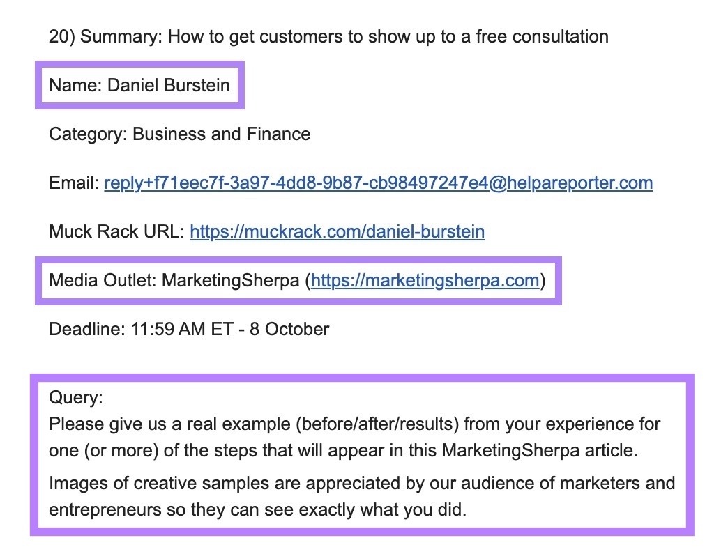 A HARO query with the journalist name, the media outlet, and query details highlighted.