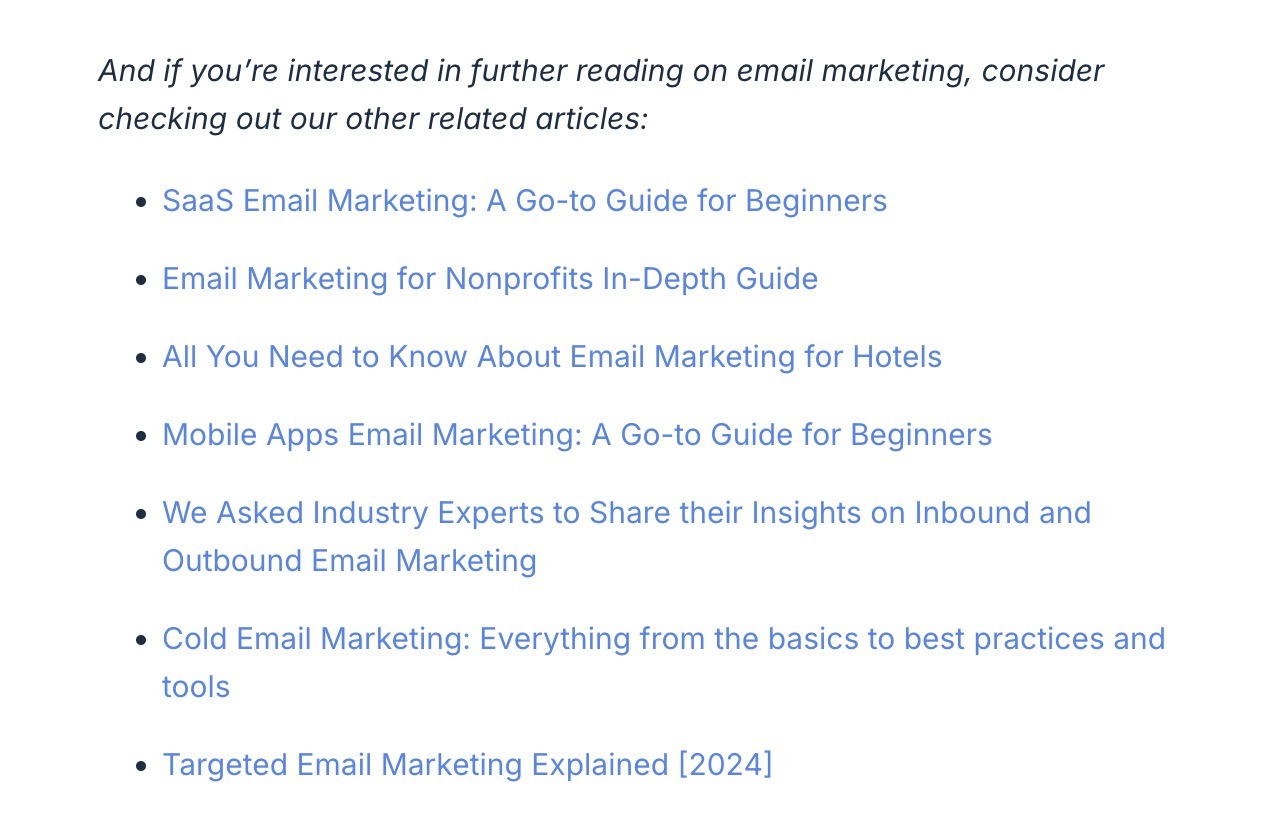 Related resources at the bottom of a pillar page by Mailtrap.