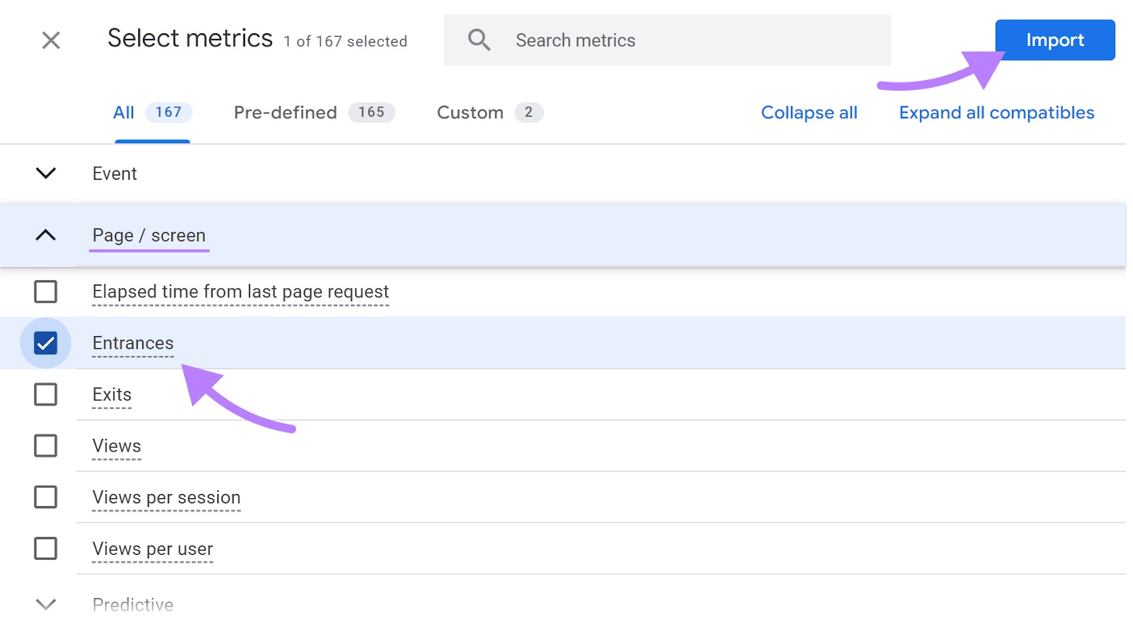 “Entrances” and "import" button selected under "Select metrics" window