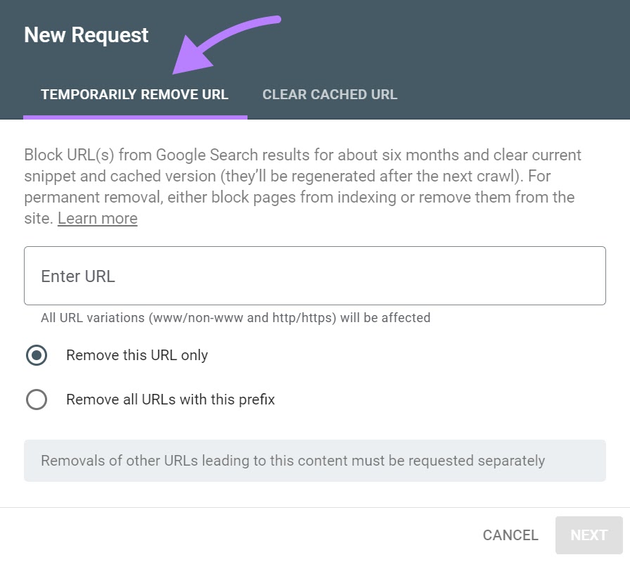 âTemporarily Remove URLâ tab
