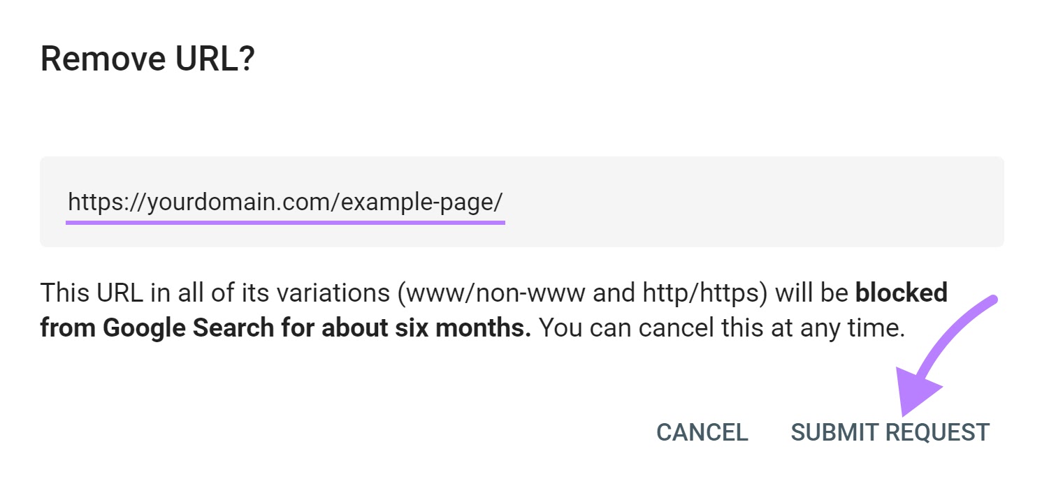 âSubmit Request" selected under "Remove URL?" section
