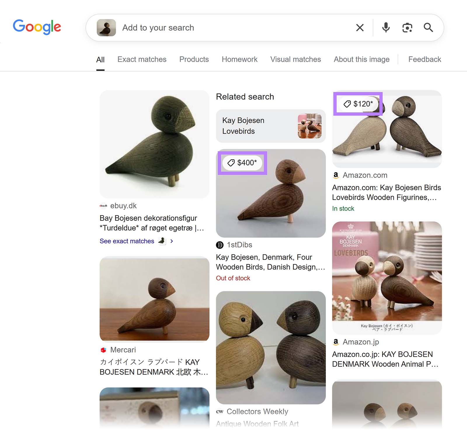Google visual search result for wooden lovebird figurine with product prices highlighted