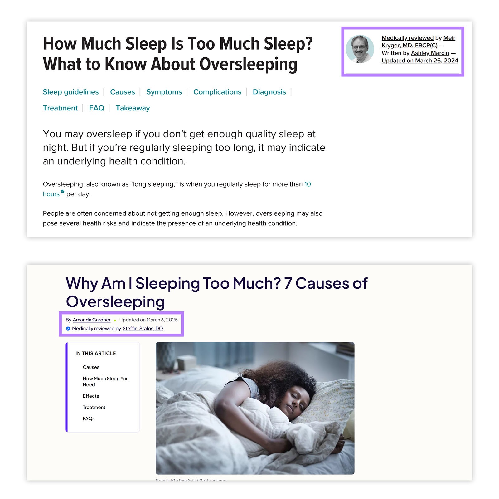 Two health articles showing author and medical reviewer info with highlighted update dates.