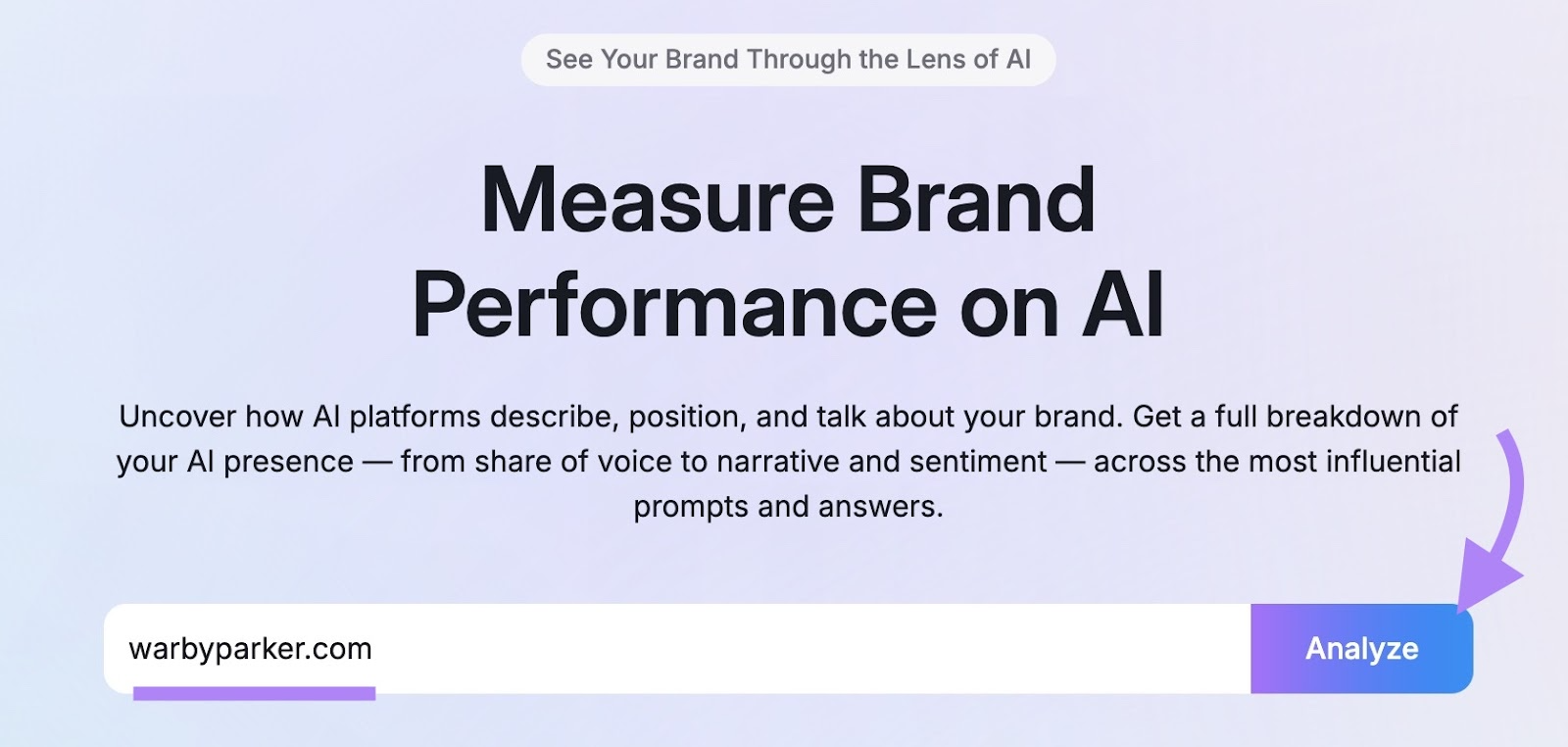 Brand Performance tool start on the AI Visibility Toolkit with a domain entered and "Analyze" clicked.