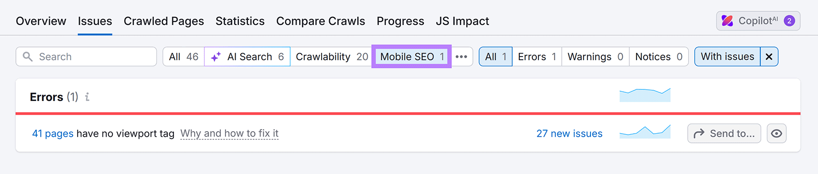 Issues tab with Mobile SEO filter selected and highlighted showing one error.