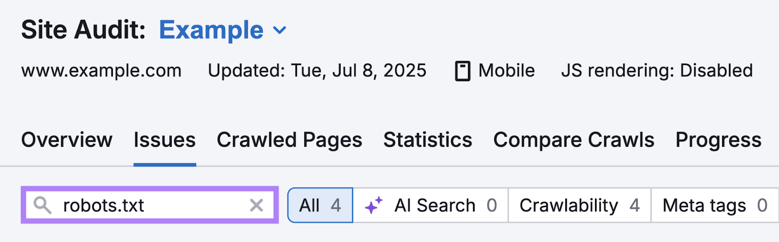 Robots.txt is entered in the search bar.