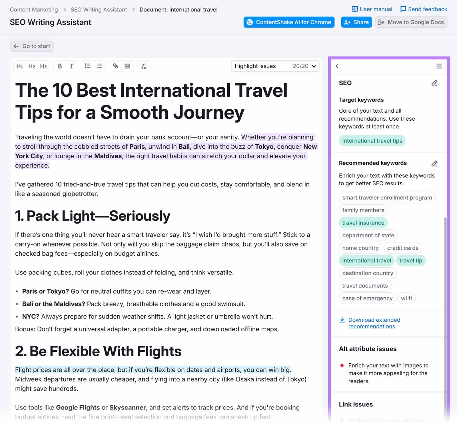 SEO Writing Assistant editor with SEO suggestions column highlighted