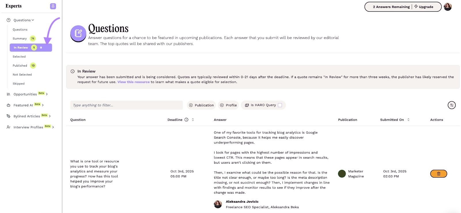 The "In Review" tab on Featured where you can track the status of pitches.
