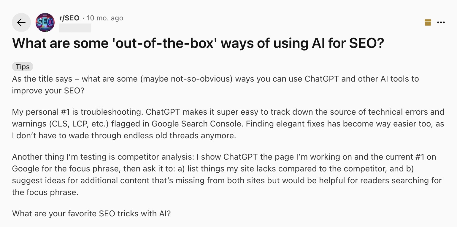 Reddit post sharing insights and starting a discussion about using AI tools for SEO.
