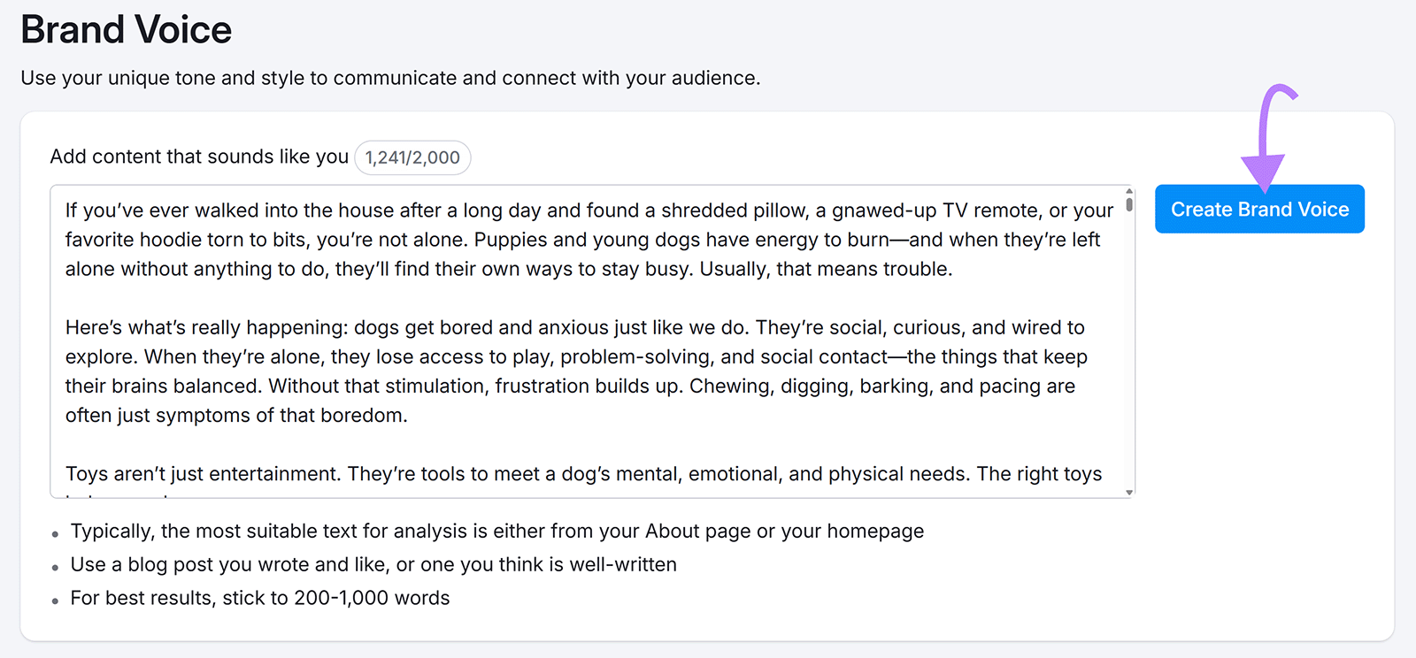 Brand Voice setup screen showing pasted writing sample and arrow pointing to “Create Brand Voice” button.
