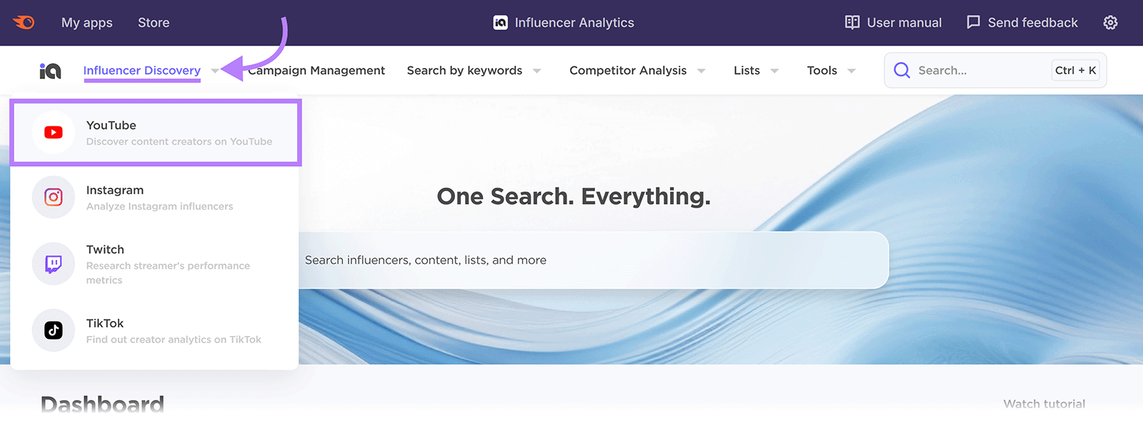 Influencer Discovery dropdown menu with YouTube option highlighted.
