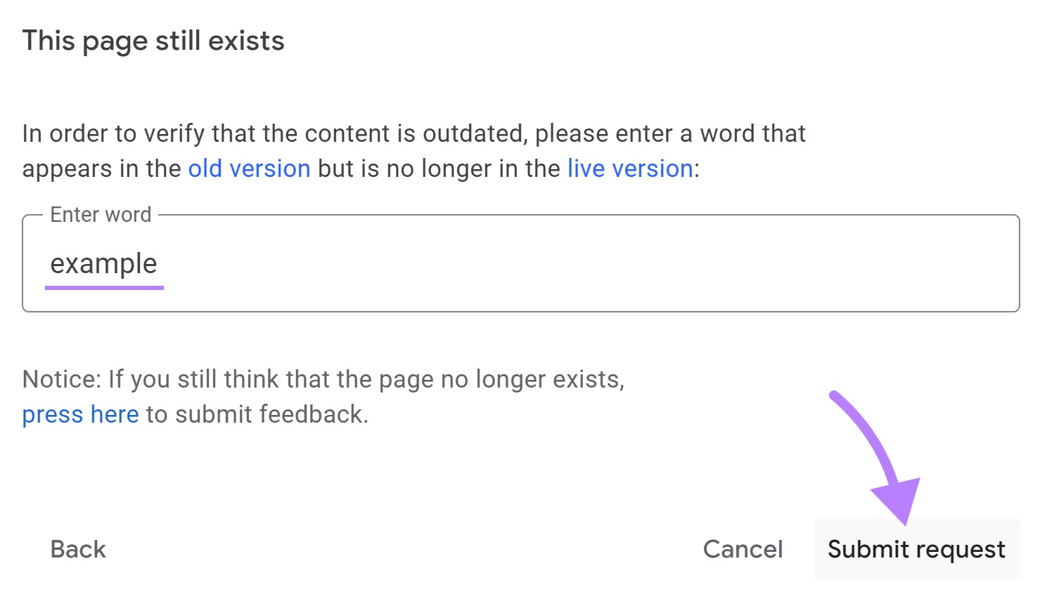 âSubmit request" button highlighted under "This page still exists" section