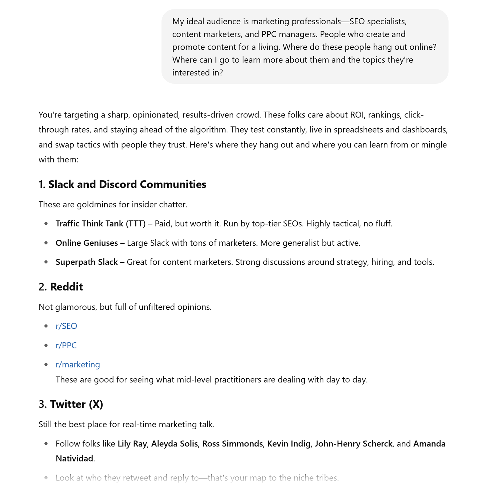 ChatGPT interface displaying a response with suggested online communities for marketers