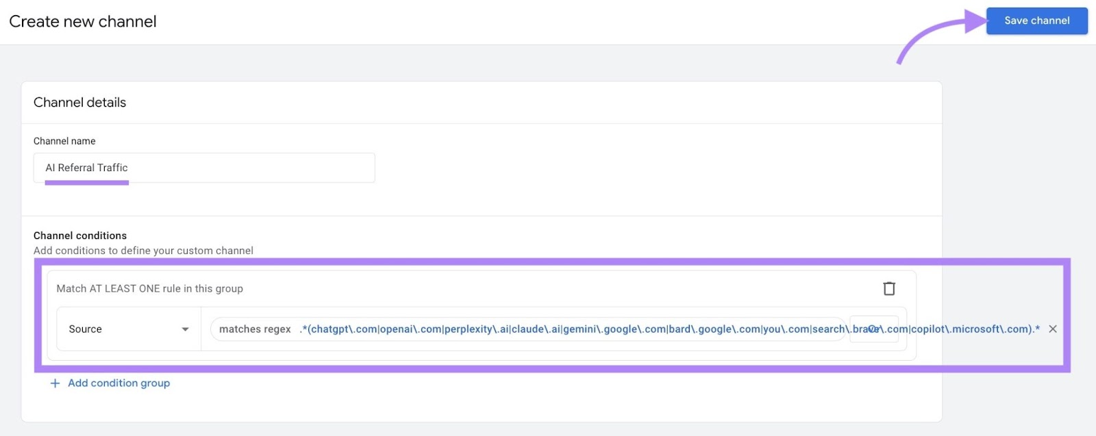 "Create new channel" window on GA4 with a channel name & channel conditions entered and "Save channel" clicked.