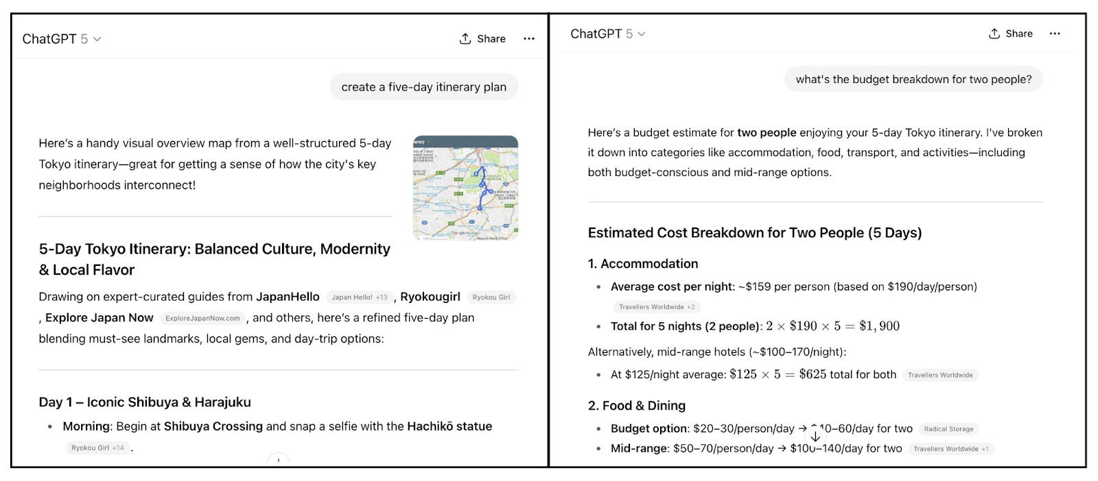 Responses include details by day with prices.