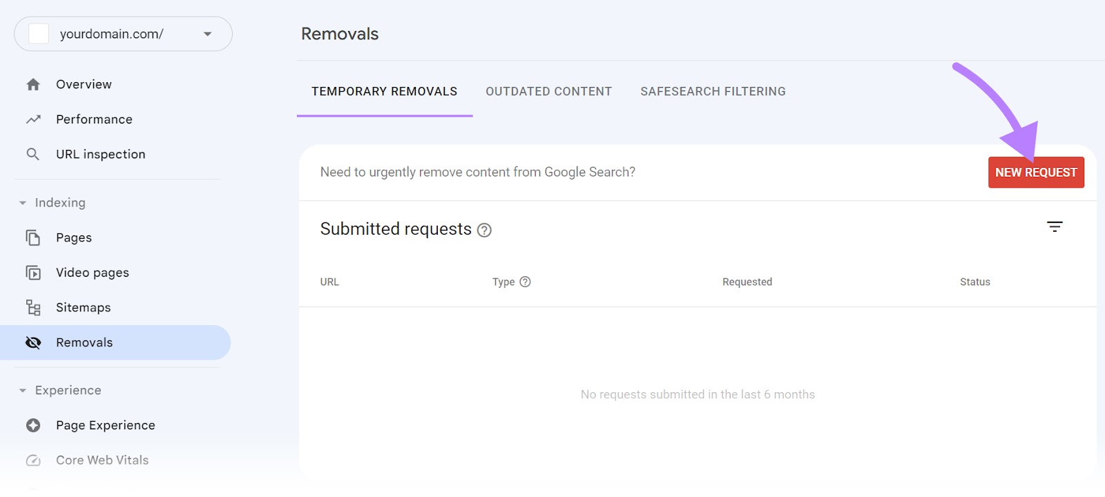 "New Requestâ button highlighted on the "Removals" page
