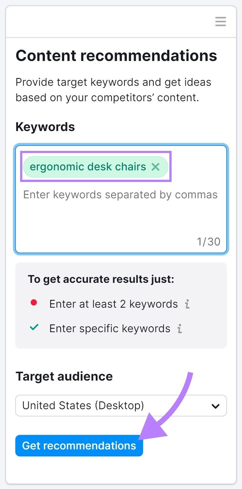 Get recommendations for “ergonomic desk chairs” keyword