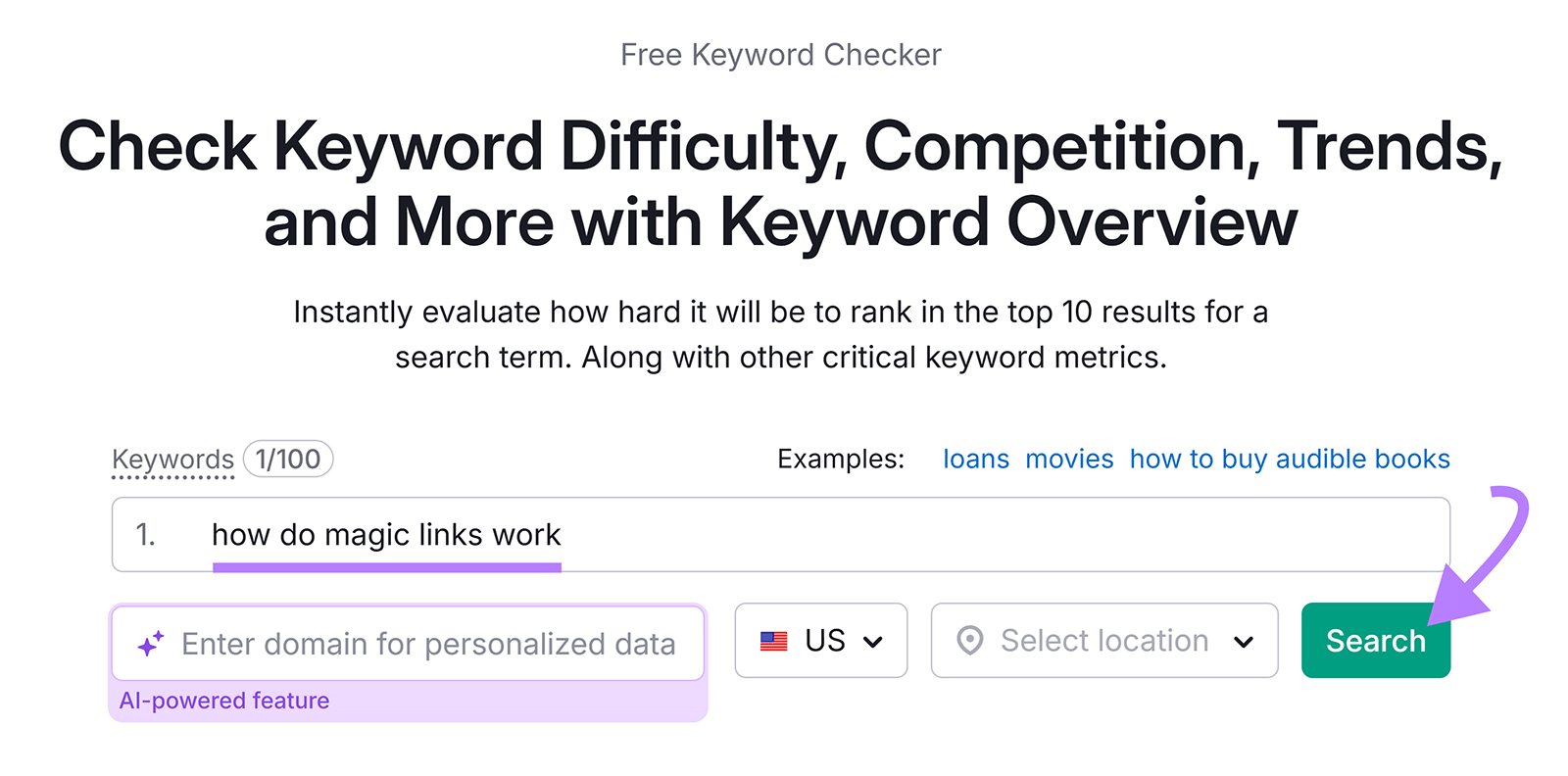 Keyword Overview input with "how do magic links work" and arrow pointing to Search button.