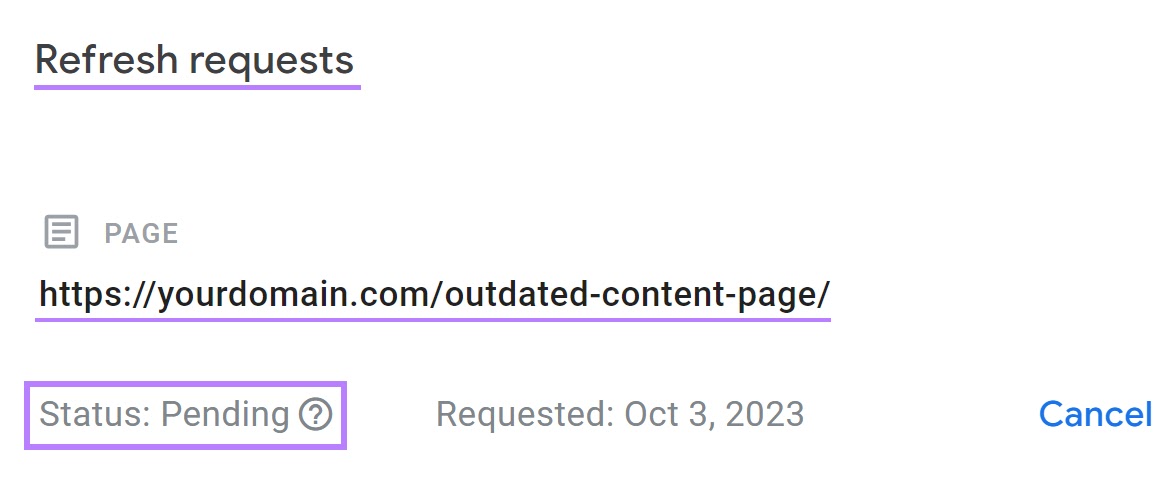 âRefresh requestsâ section in Refresh Outdated Content tool