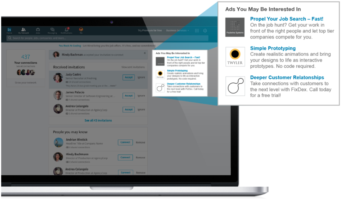 LinkedIn text ads with 3 magnified including job search, prototyping, and customer relationship ads