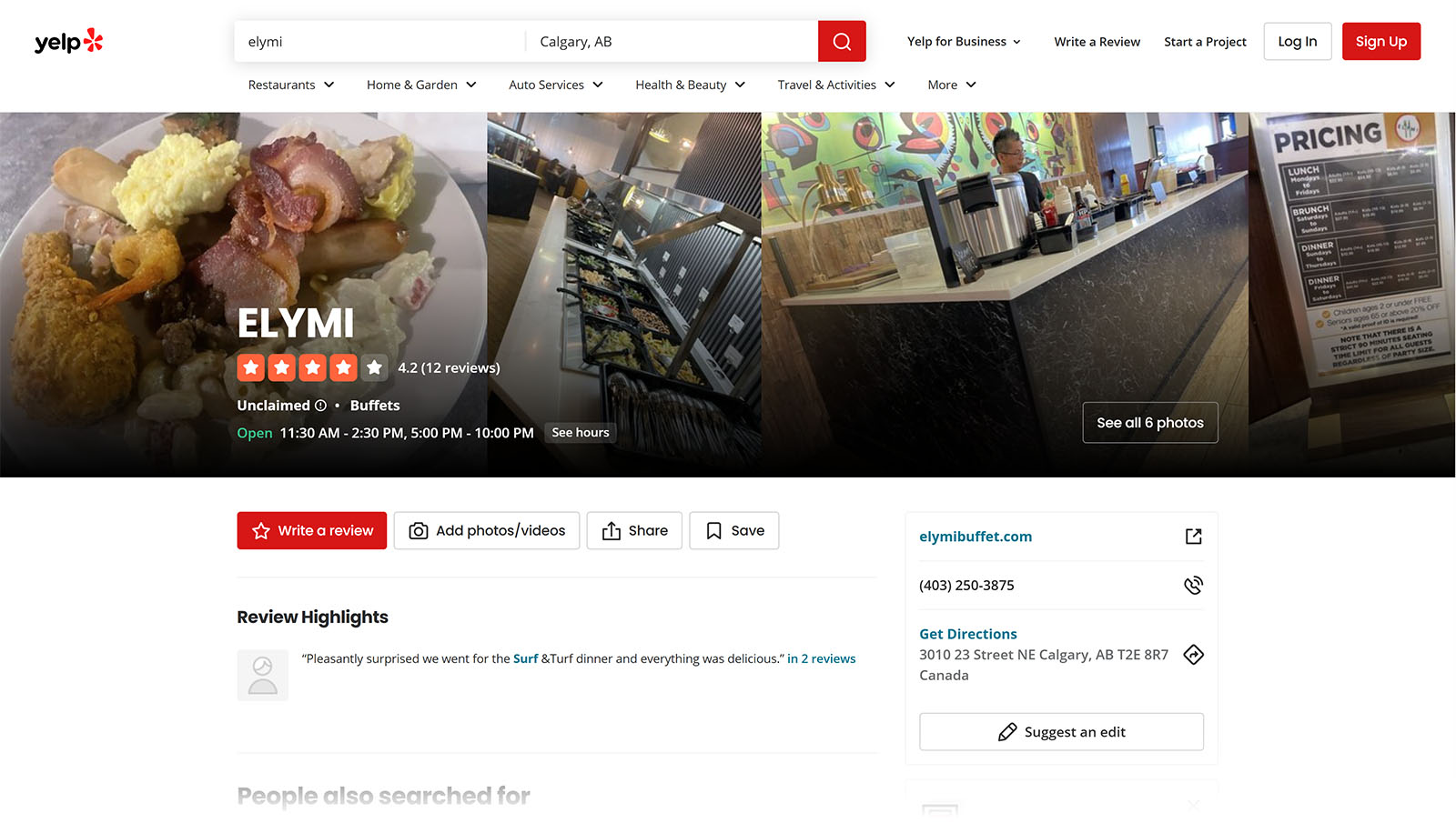 Elymi Yelp page with food photo, buffet photo, pricing sign, star rating, and contact info