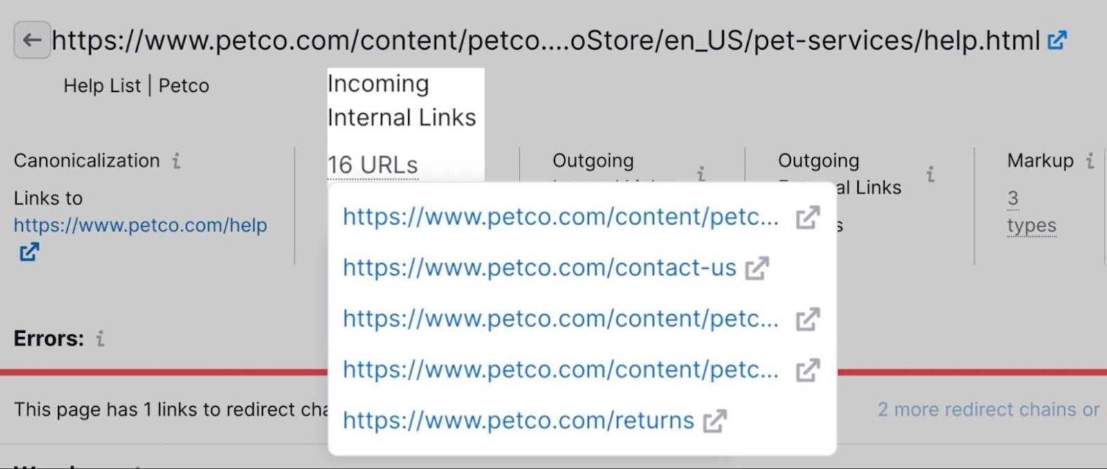 Incoming internal links list shows URLs.