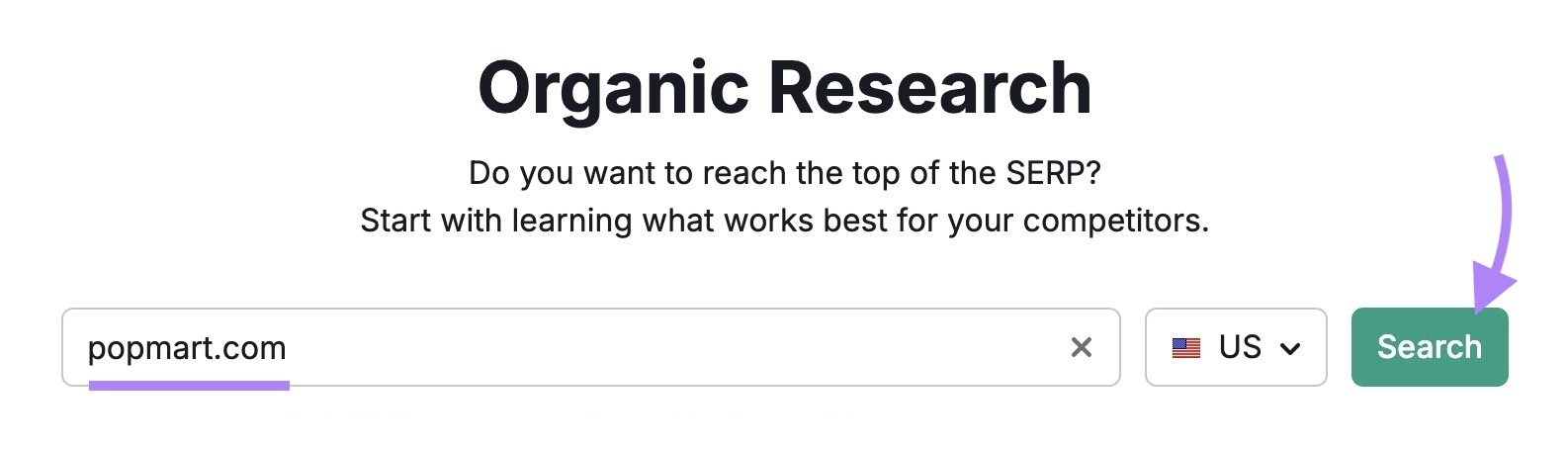 Organic Research tool start with "popmart.com" entered as the domain and "Search" clicked.