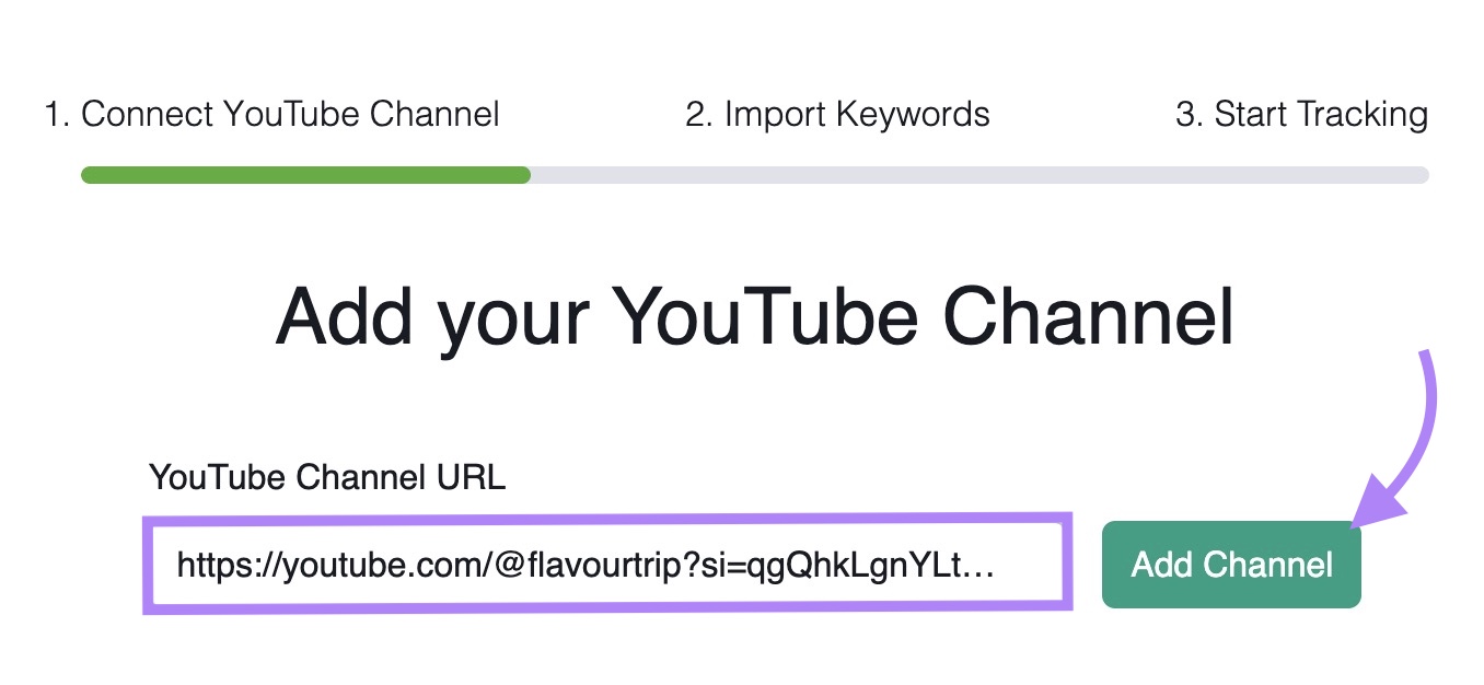 A URL entered and "Add Channel" clicked on the Rank Tracker for Youtube tool.