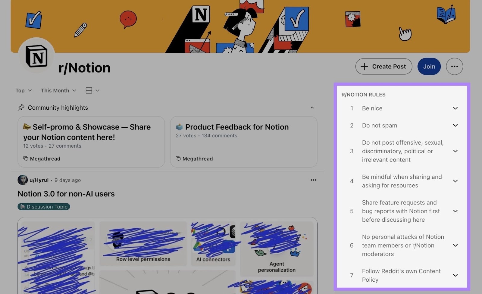 The subreddit rules for r/Notion highlighted on the right-hand side of their profile.