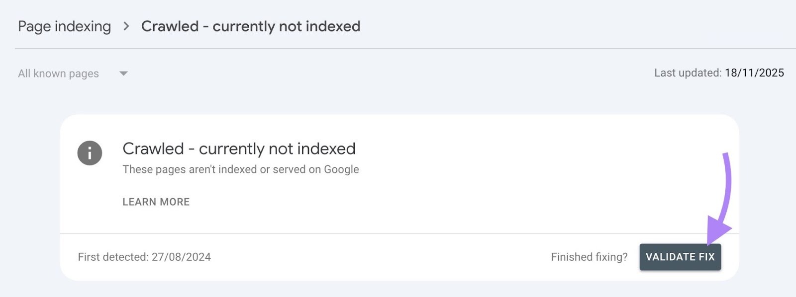 Page indexing on Google Search Console with the "Validate Fix" button clicked.