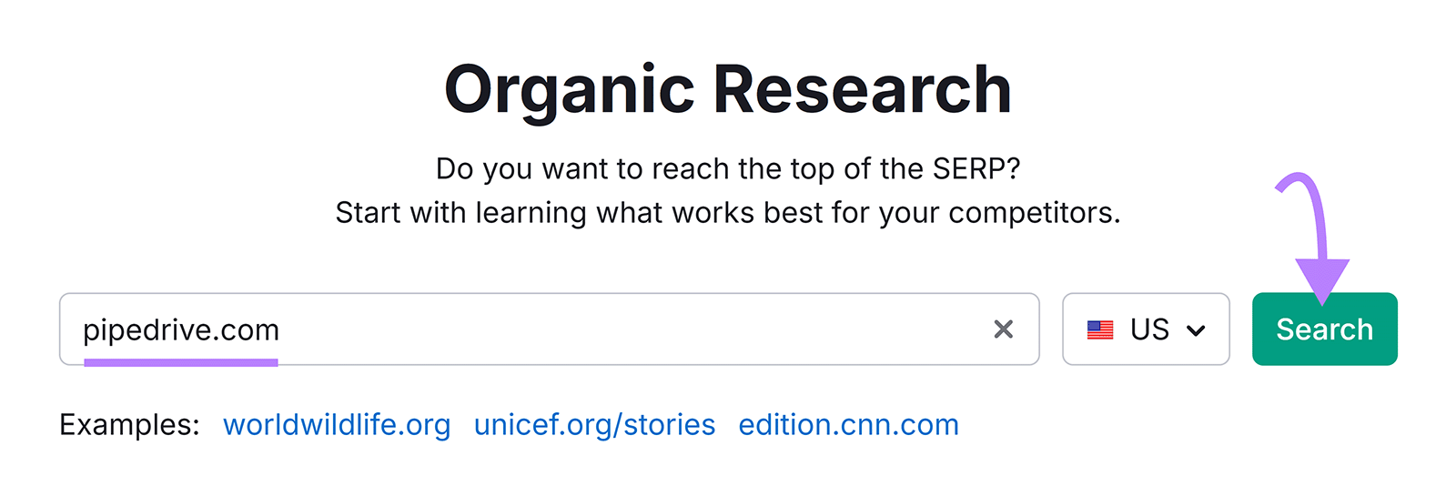 Organic Research search bar with domain entered and arrow pointing to “Search”.