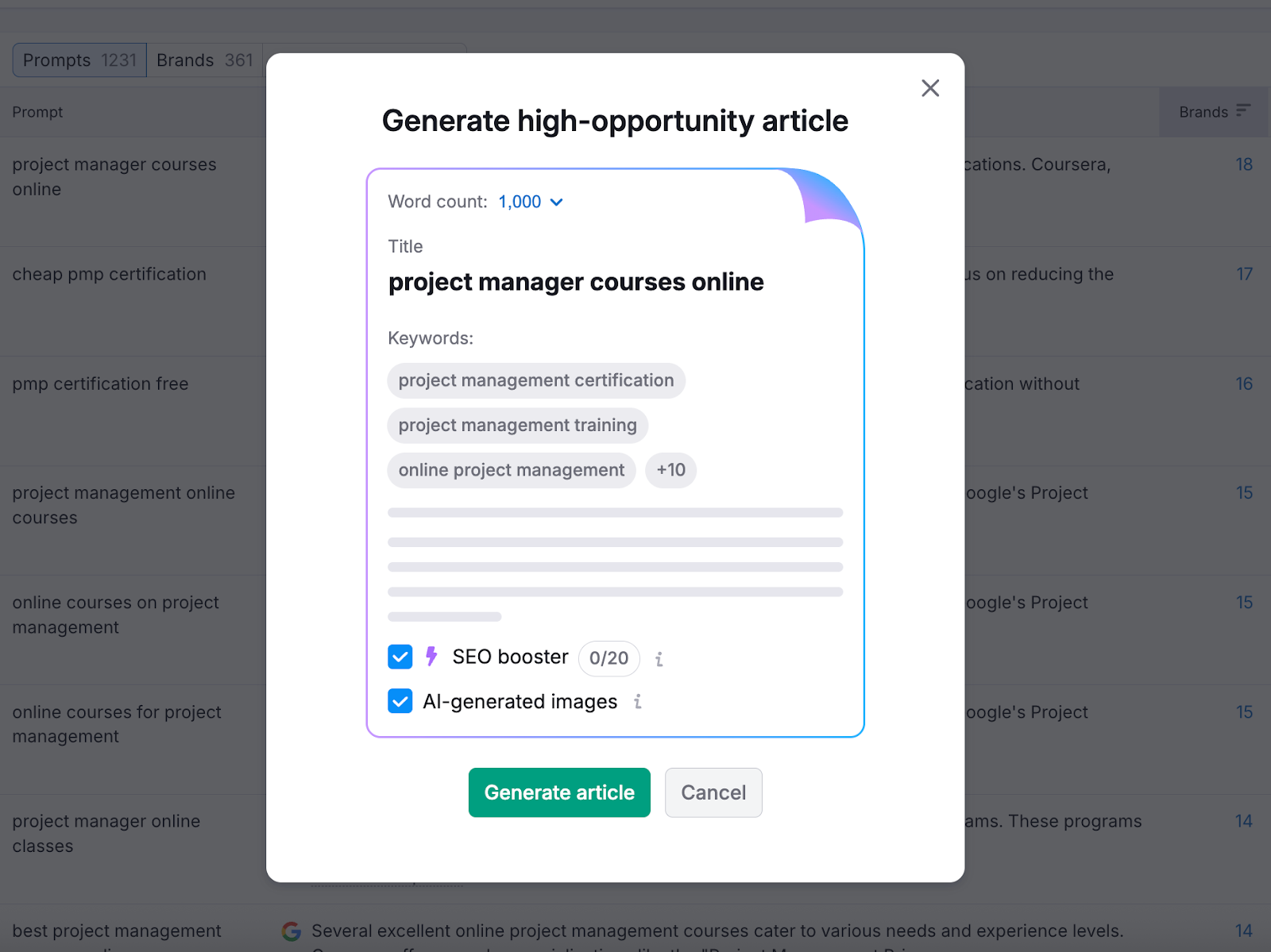 generate an article from Semrush