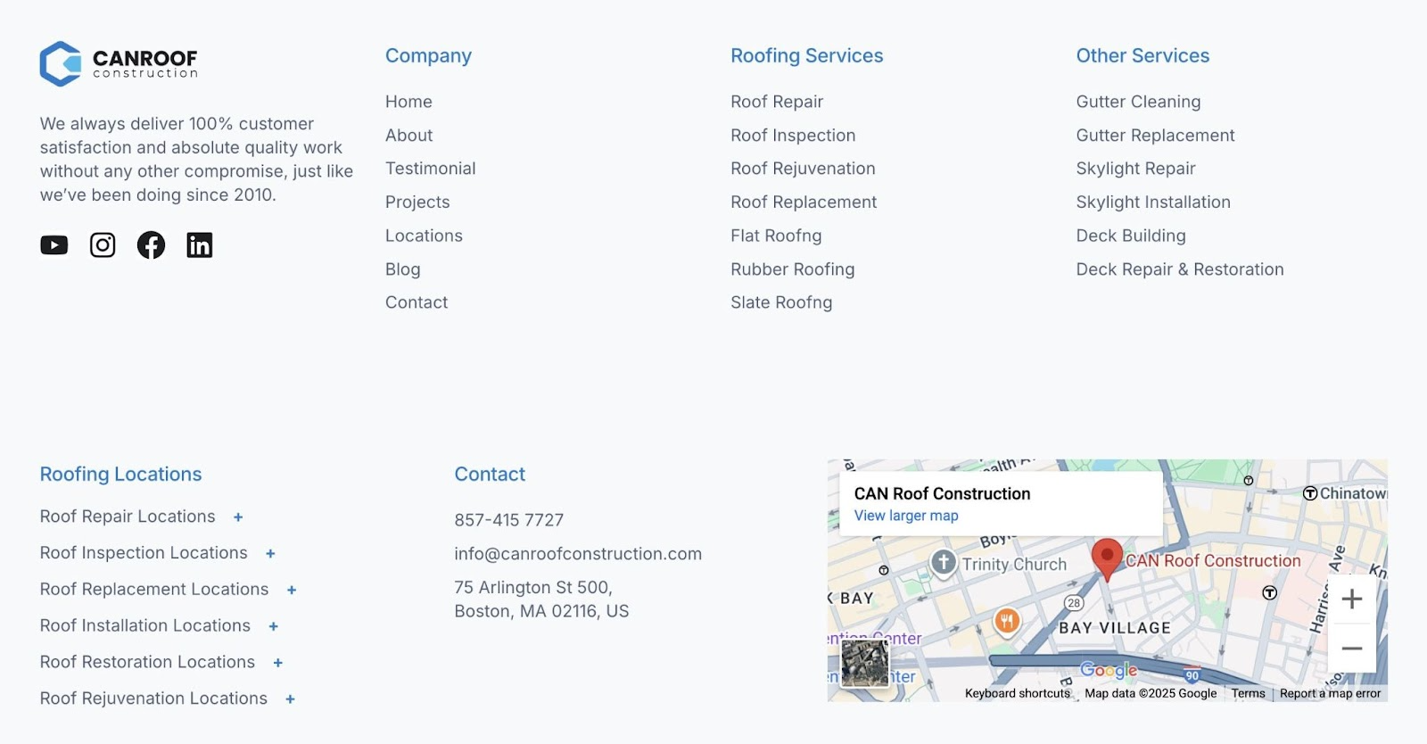 The footer section of a website with links to multiple service pages, each optimized for specific keywords.