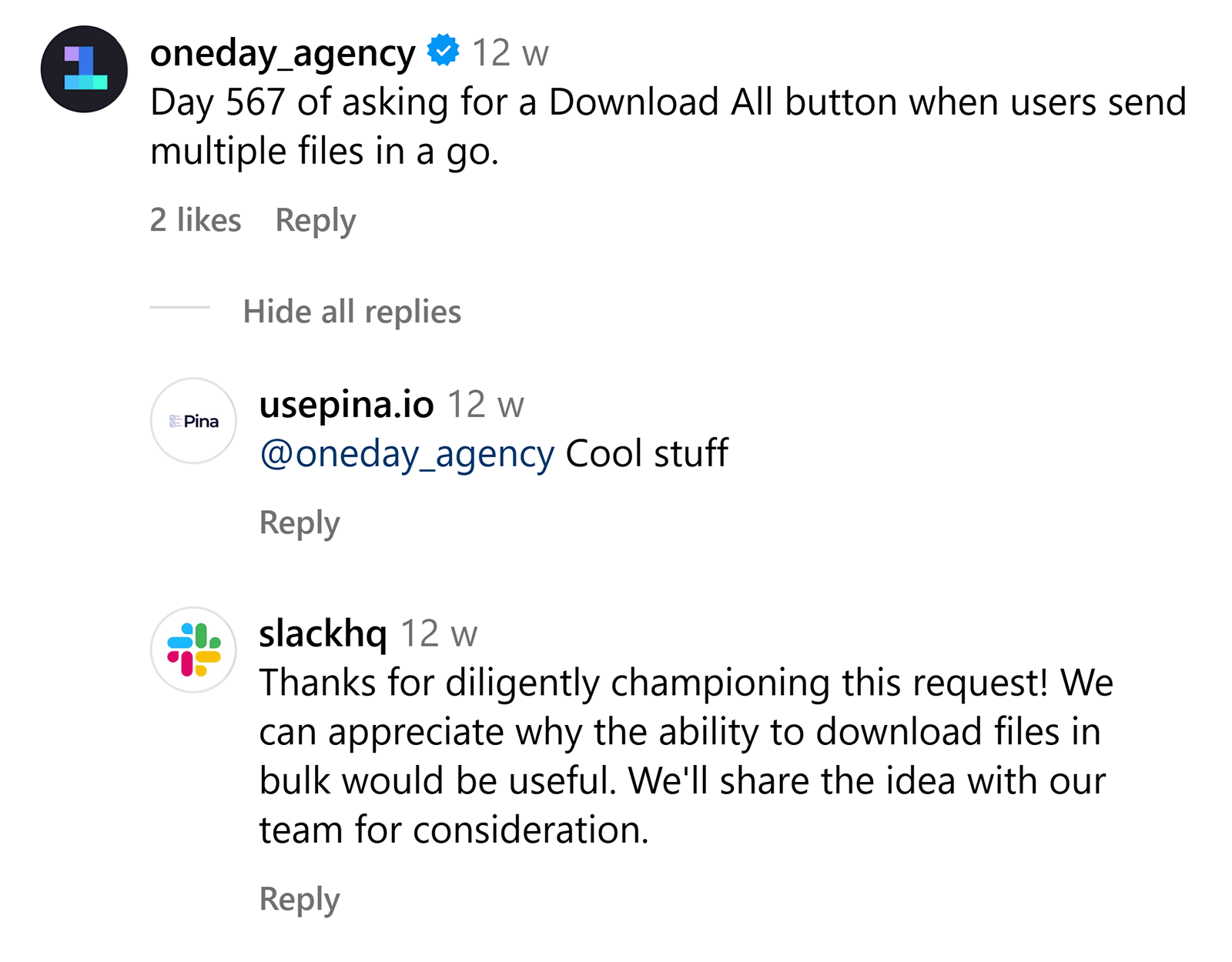Instagram comment thread where users request a "Download All" button and Slack responds supportively, noting it will share feedback internally.