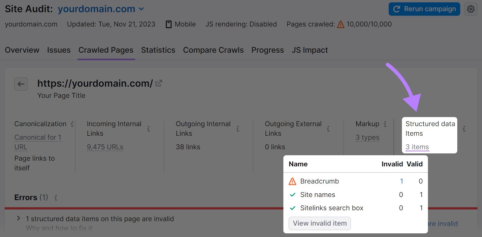 Site Audit crawled page schema errors highlighted.