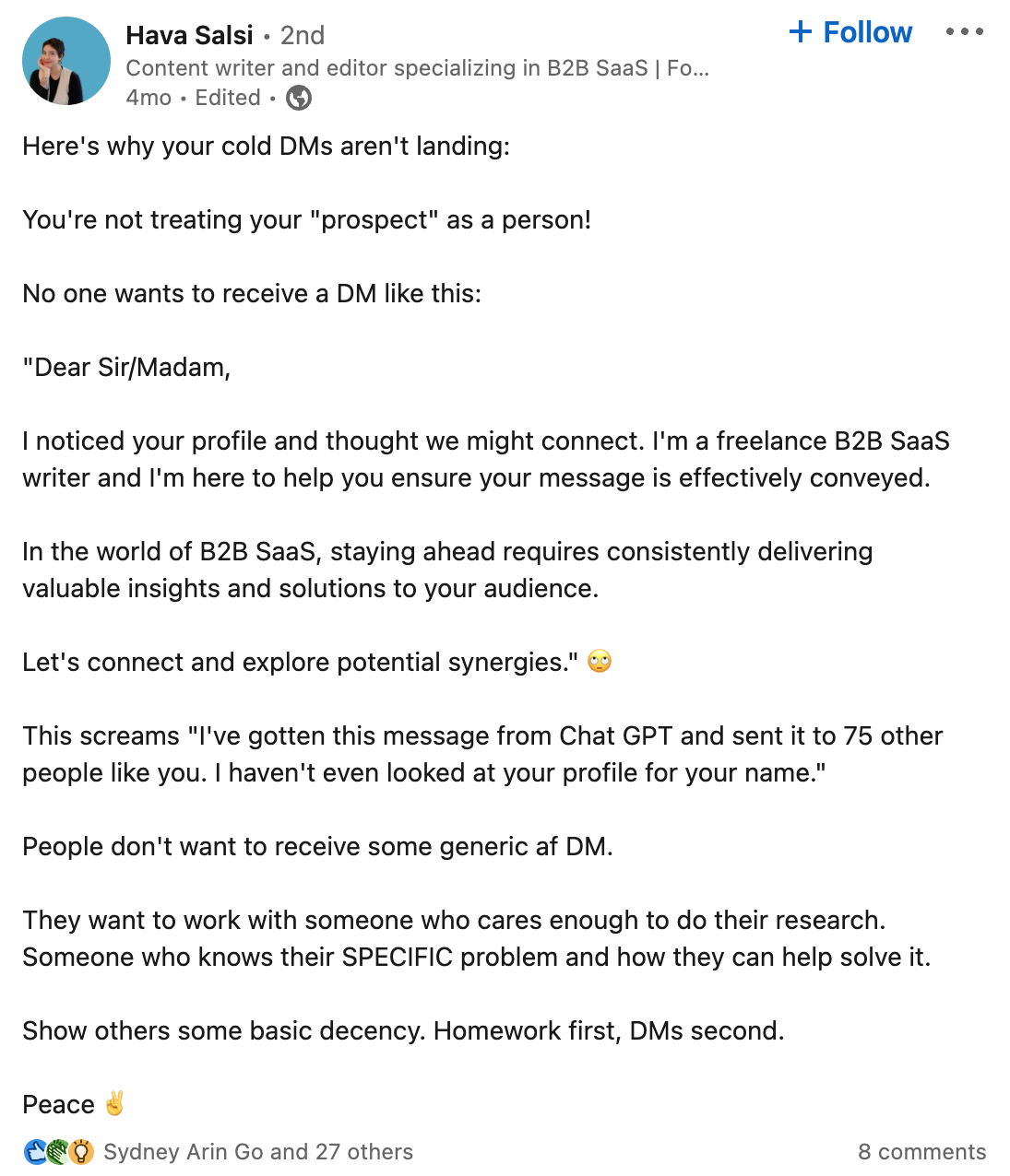 Hava Salsi's LinkedIn post on how to pitch freelancers' services