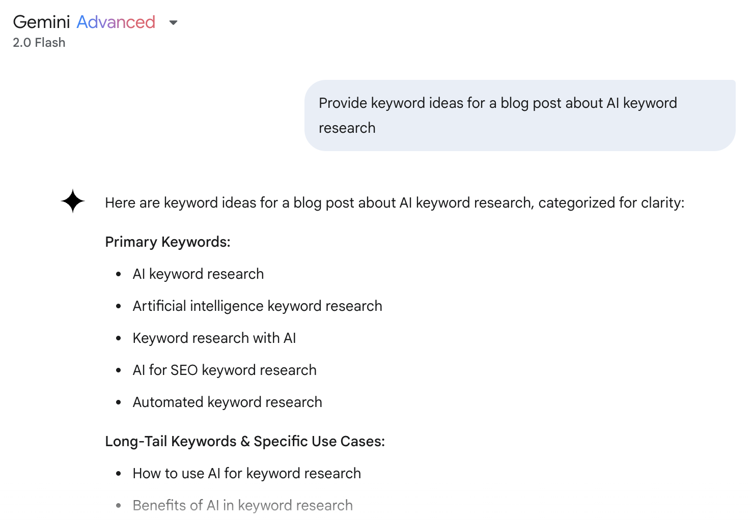 Gemini interface showing a list of keywords split into multiple categories like primary, long-tail & specific use cases, etc.