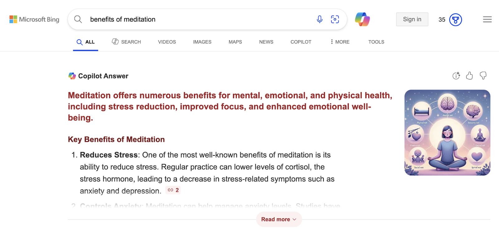 Copilot answer appears at the top of the SERP like Google's AI Overview.