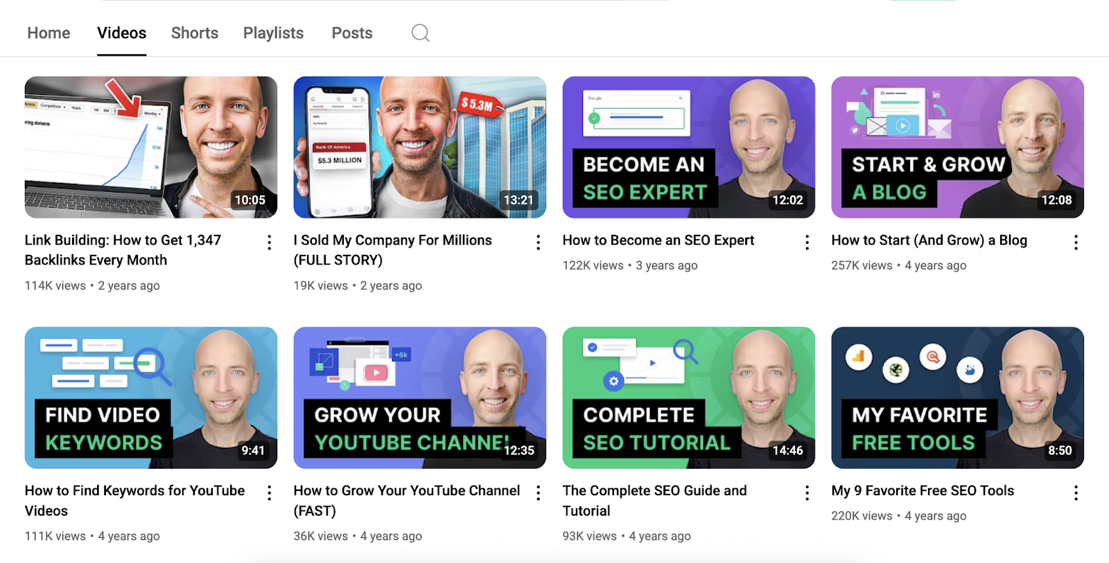 A channel's thumbnails show the video creator's face in each and follow similar visual formatting.