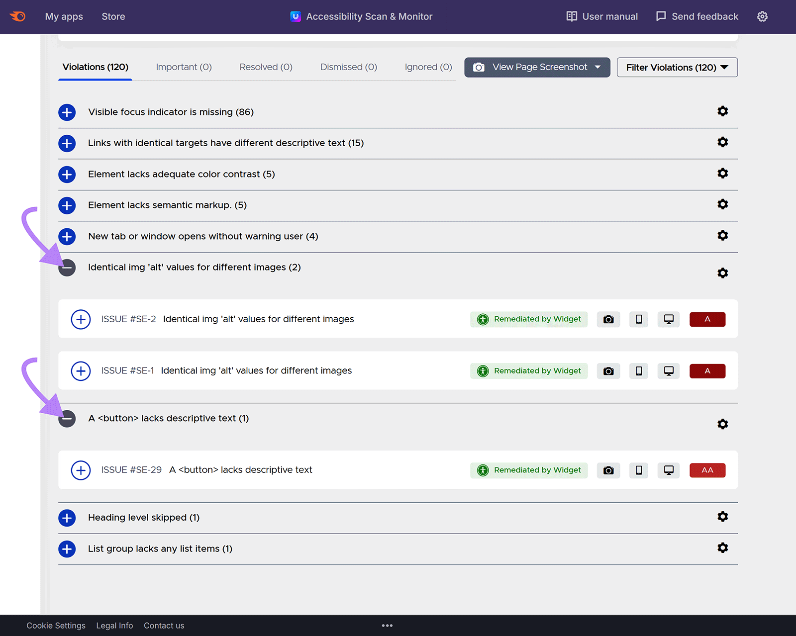 Accessibility report showing flagged issues with arrows pointing to identical alt text and missing button text.
