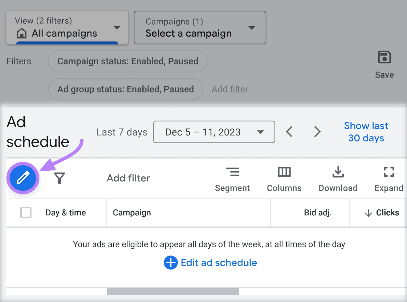 Pencil icon highlighted under ad schedule