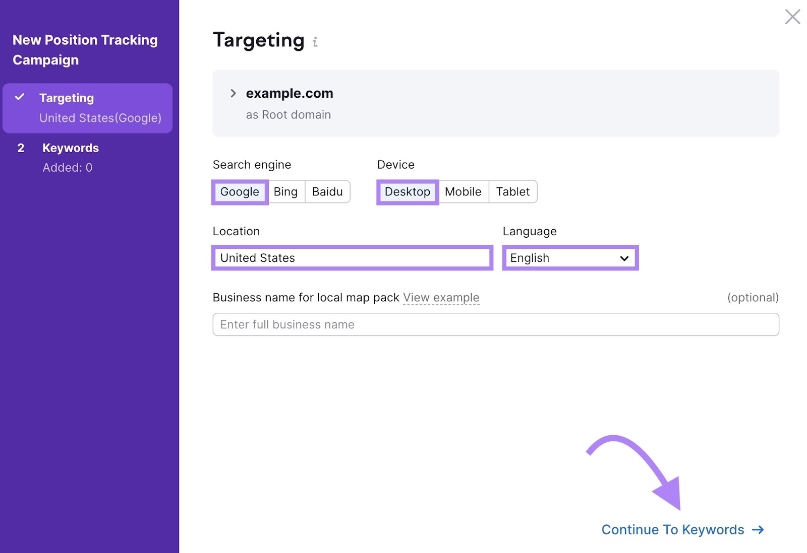 Targeting settings on the Position Tracking tool with options to select a search engine, device, location, and language.