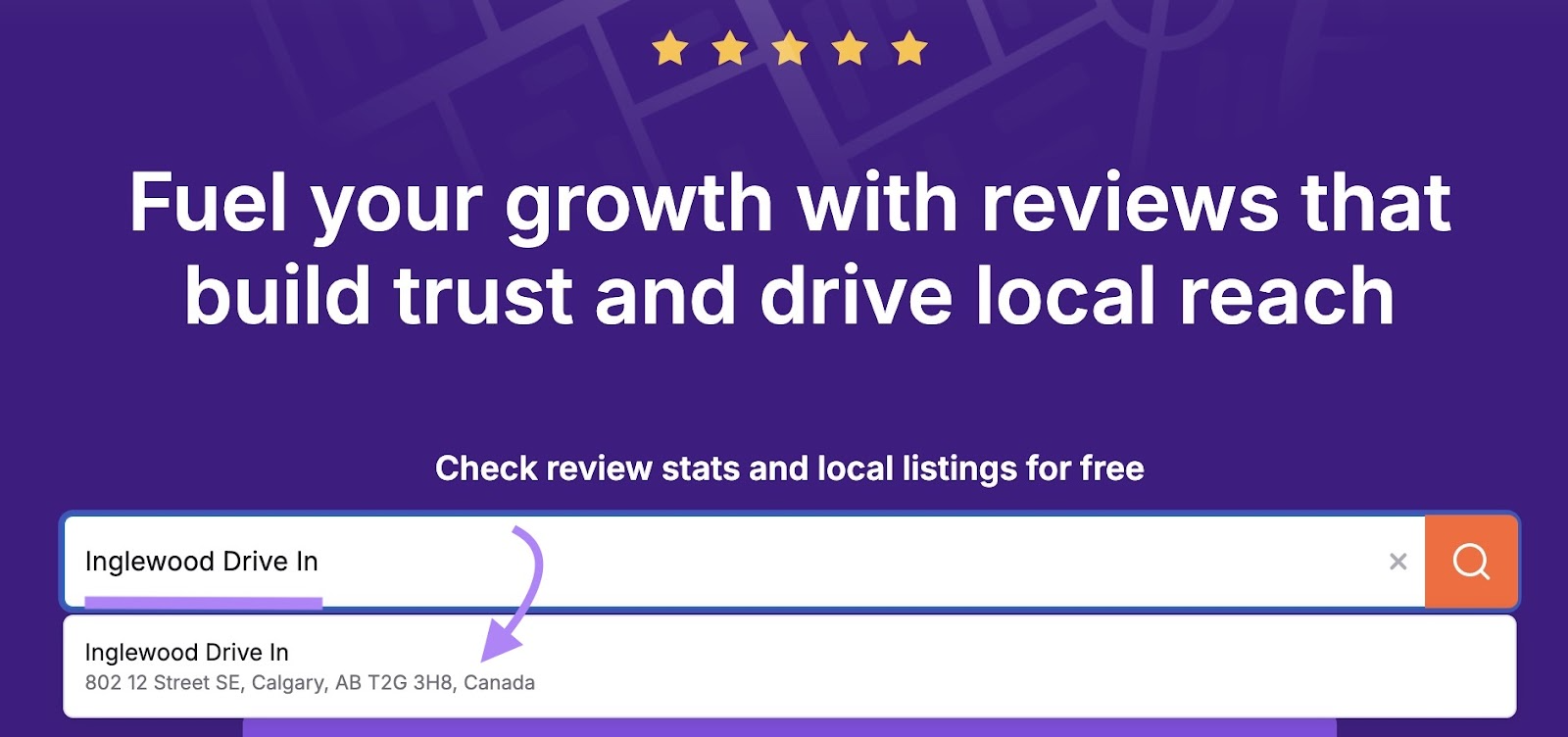 Review Management home with a business name entered and selected when it appears in the dropdown list.