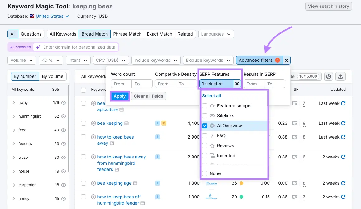 AI Overviews in the Keyword Magic Tool
