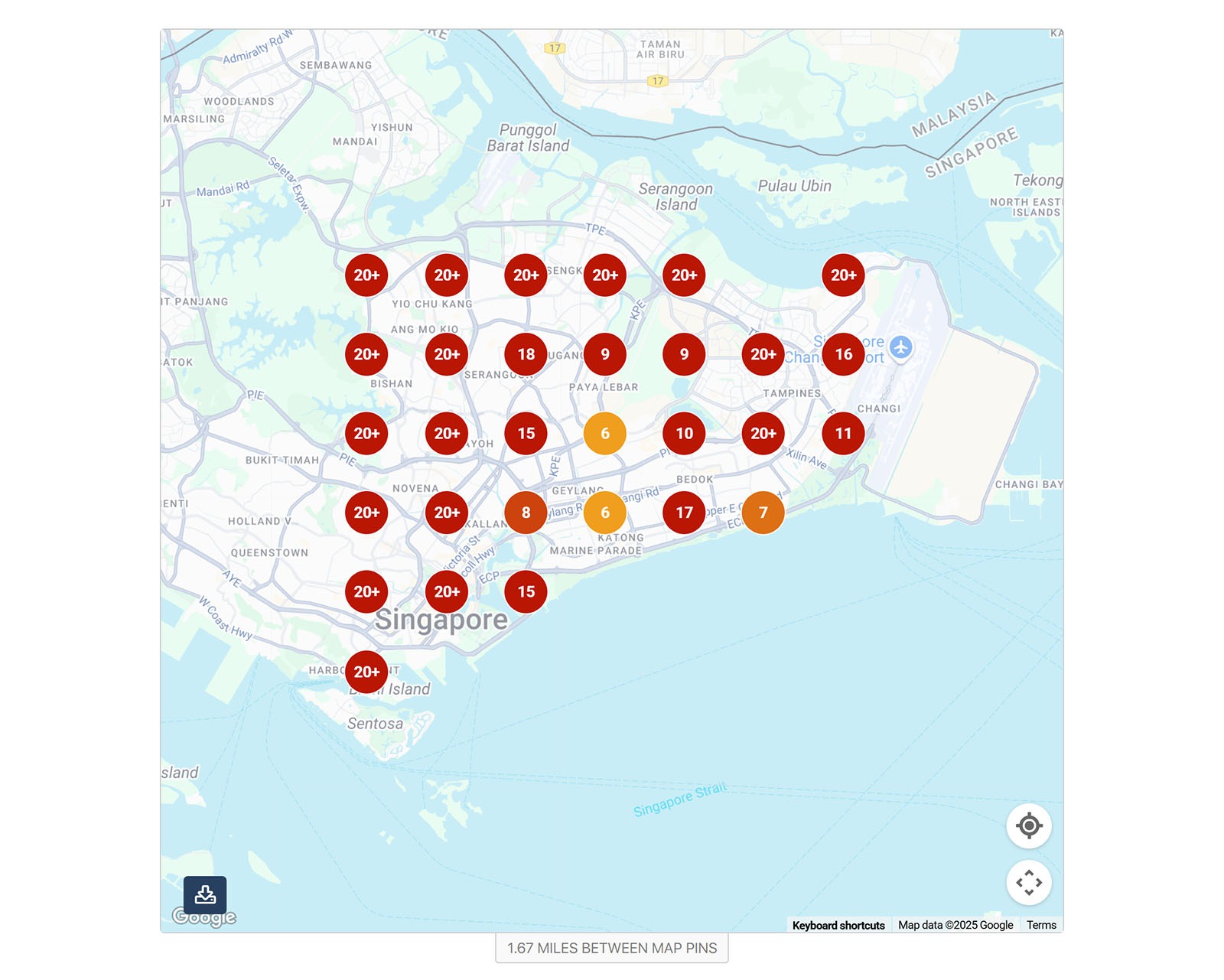 Local Falcon heatmap of Singapore displaying clusters of ranking data with red and orange numbered circles.