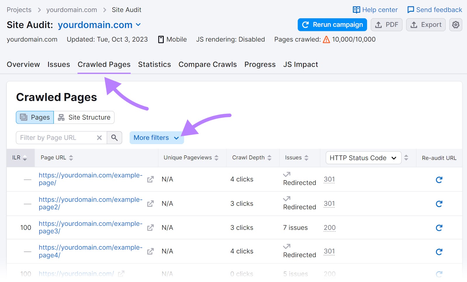 âCrawled Pagesâ tab in Site Audit
