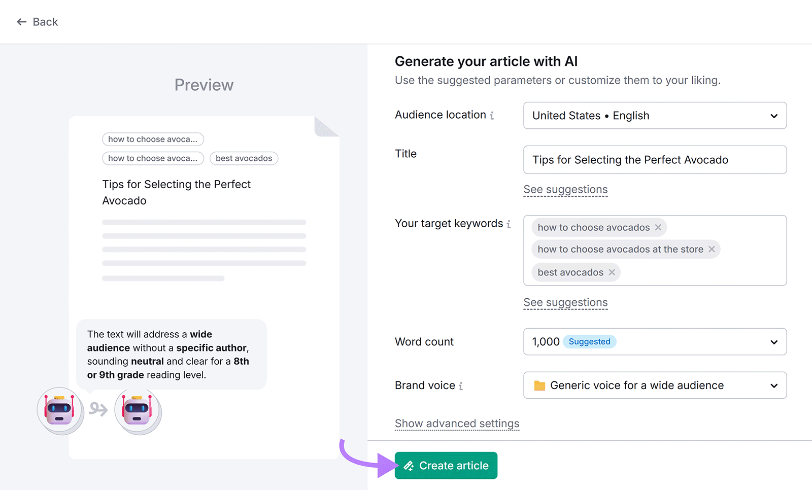 Content Toolkit Interface showing AI article setup with title, keywords, and “Create article” button highlighted by an arrow.