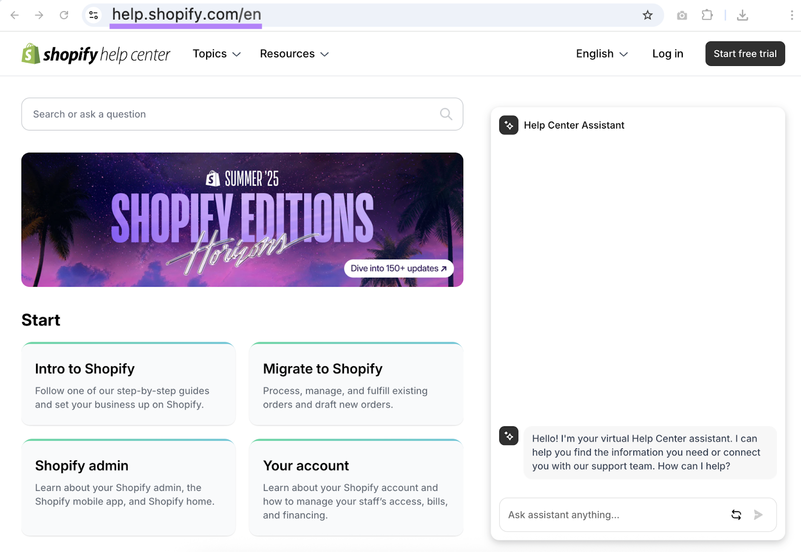 Shopify's Help Center exists at the subdomain help. The full URL is help.shopify.com.